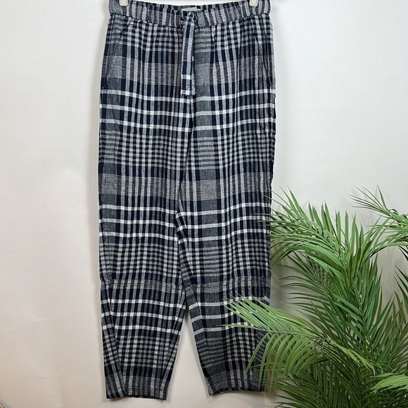NWT Everlane The Linen Pull On Barrel Pants Navy Plaid Tie Front M High Waist - Picture 4 of 12